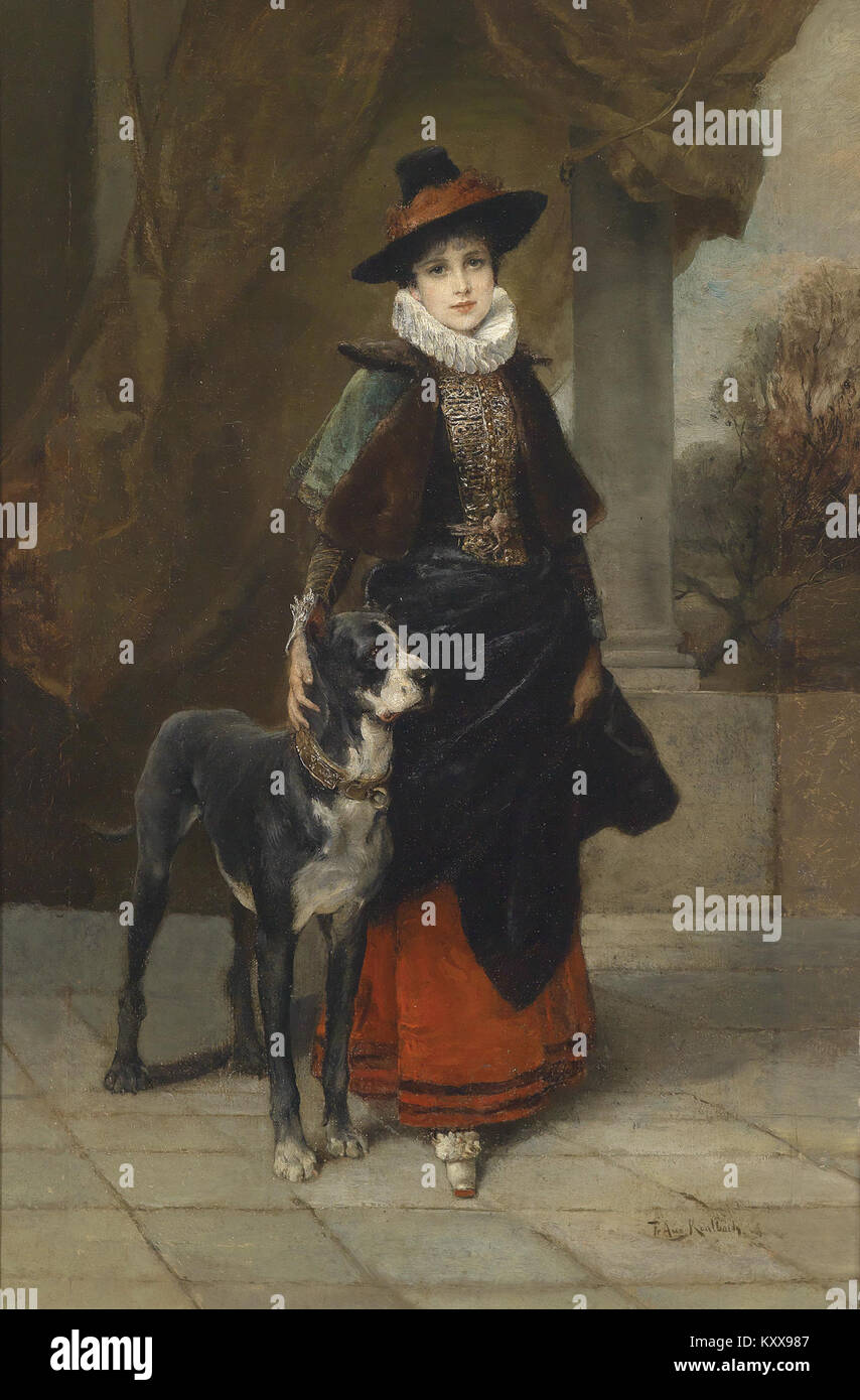 Friedrich August Kaulbach Bildnis einer Dame im Kostüm historisierenden mit Dogge Foto Stock
