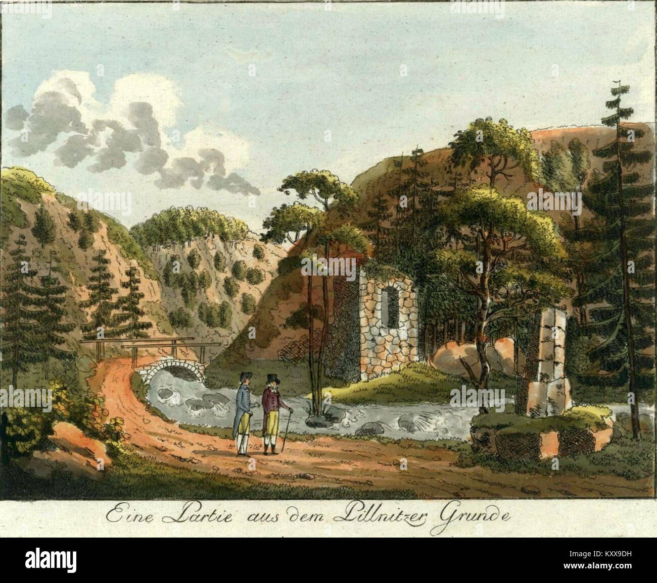 Un'incisione di Hilscher intorno al 1800 raffigurante la valle di Friedrichsgrund con il monumento Irminsäule. L'immagine mostra una vista panoramica sulla valle con un alto monumento a colonna e piccole figure, tipiche dell'arte topografica dei primi anni del XIX secolo. Foto Stock