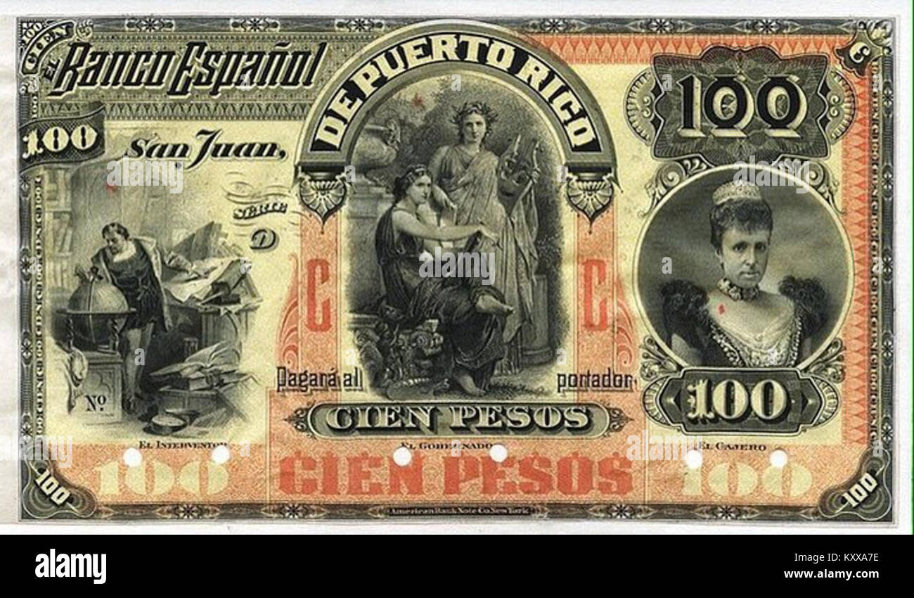 Anteriore - 100 Pesos bank nota del 1894 Banco Español de Puerto Rico Foto Stock