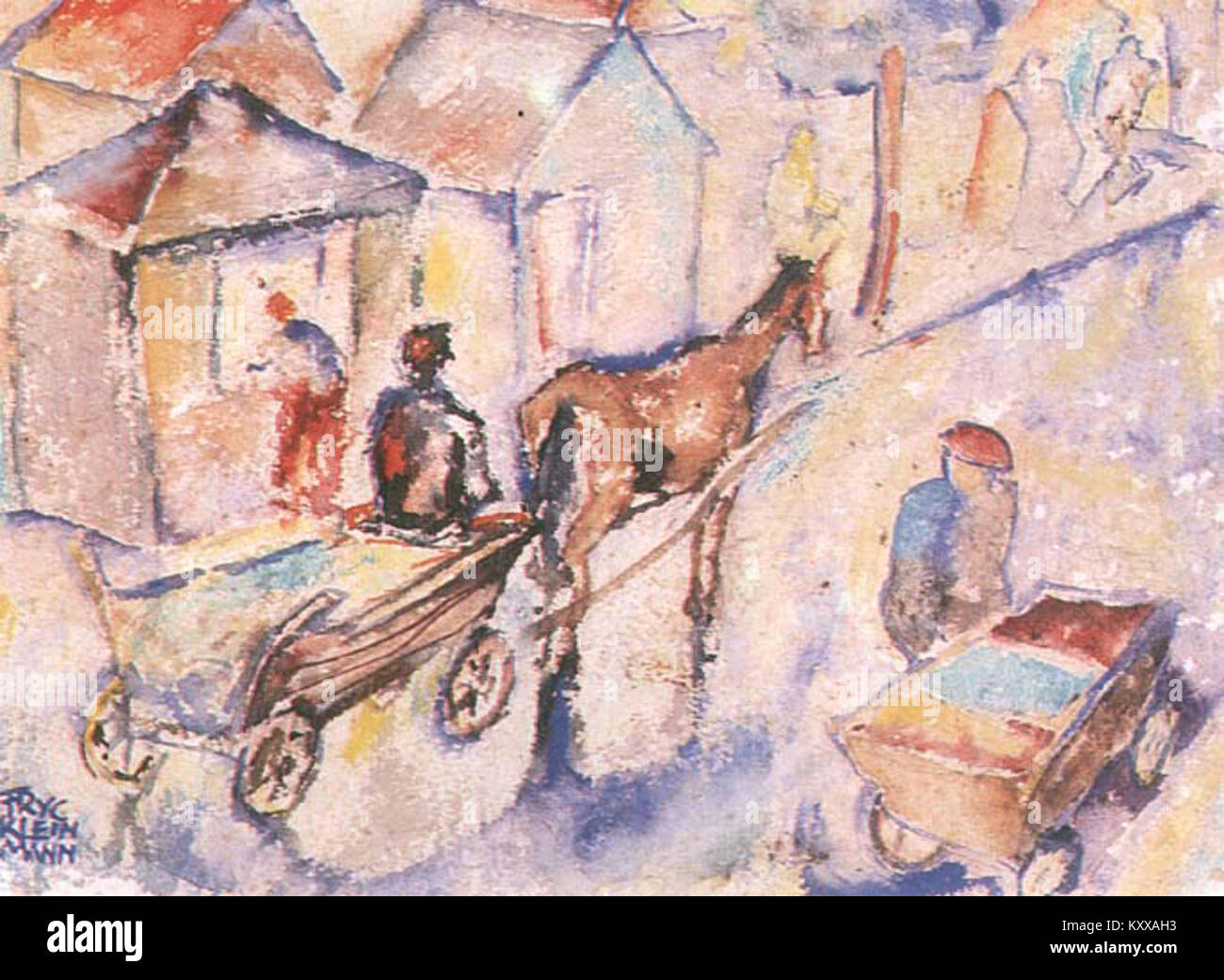 Il dipinto ad acquerello di Fryderyk Kleinman ritrae una scena pacifica di un villaggio polacco, che riflette la vita rurale e la bellezza naturale della campagna, mettendo in evidenza la semplicità e la tranquillità della vita quotidiana. Foto Stock