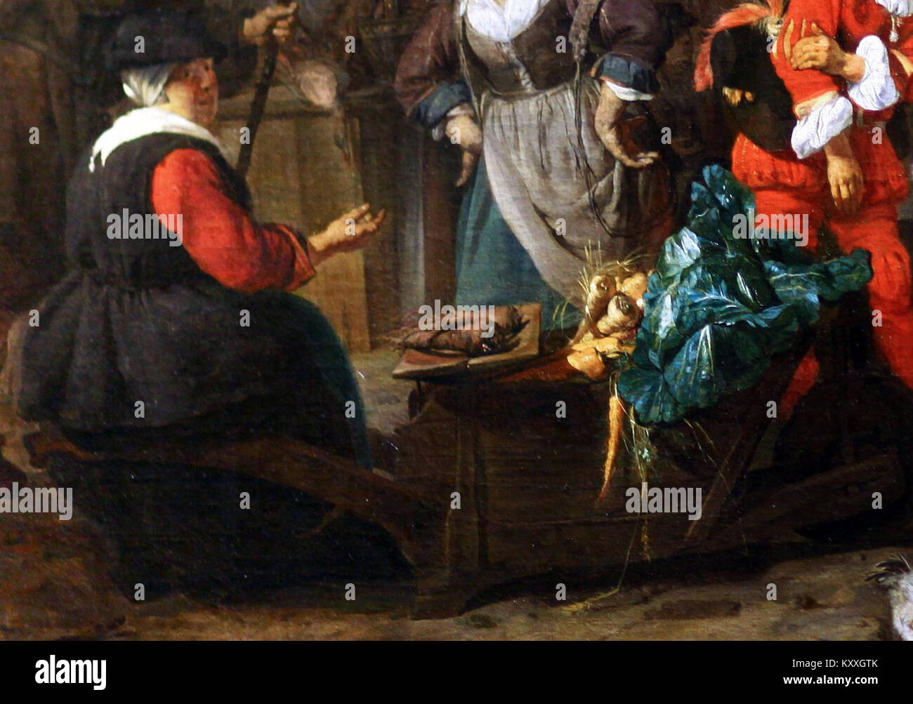 Dettaglio del *le marché aux herbes* di Gabriel Metsu, che mostra una donna del mercato seduta sulla sua carriola circondata da verdure tra cui rape, carote e cavolo. La pittura olandese del XVII secolo riflette la vita quotidiana del mercato. Foto Stock