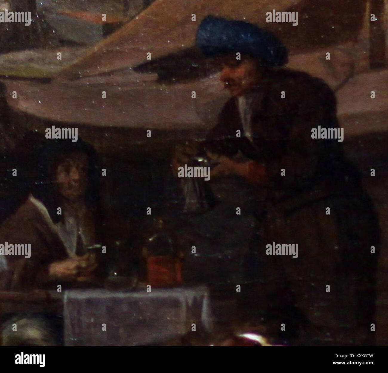 Un dettaglio tratto da «le marché aux herbes» di Gabriel Metsu raffigurante una donna e un uomo in un turbante, che mostra lo stile pittorico di genere Metsu e la sua attenzione alla vita quotidiana nei Paesi Bassi del XVII secolo. Foto Stock