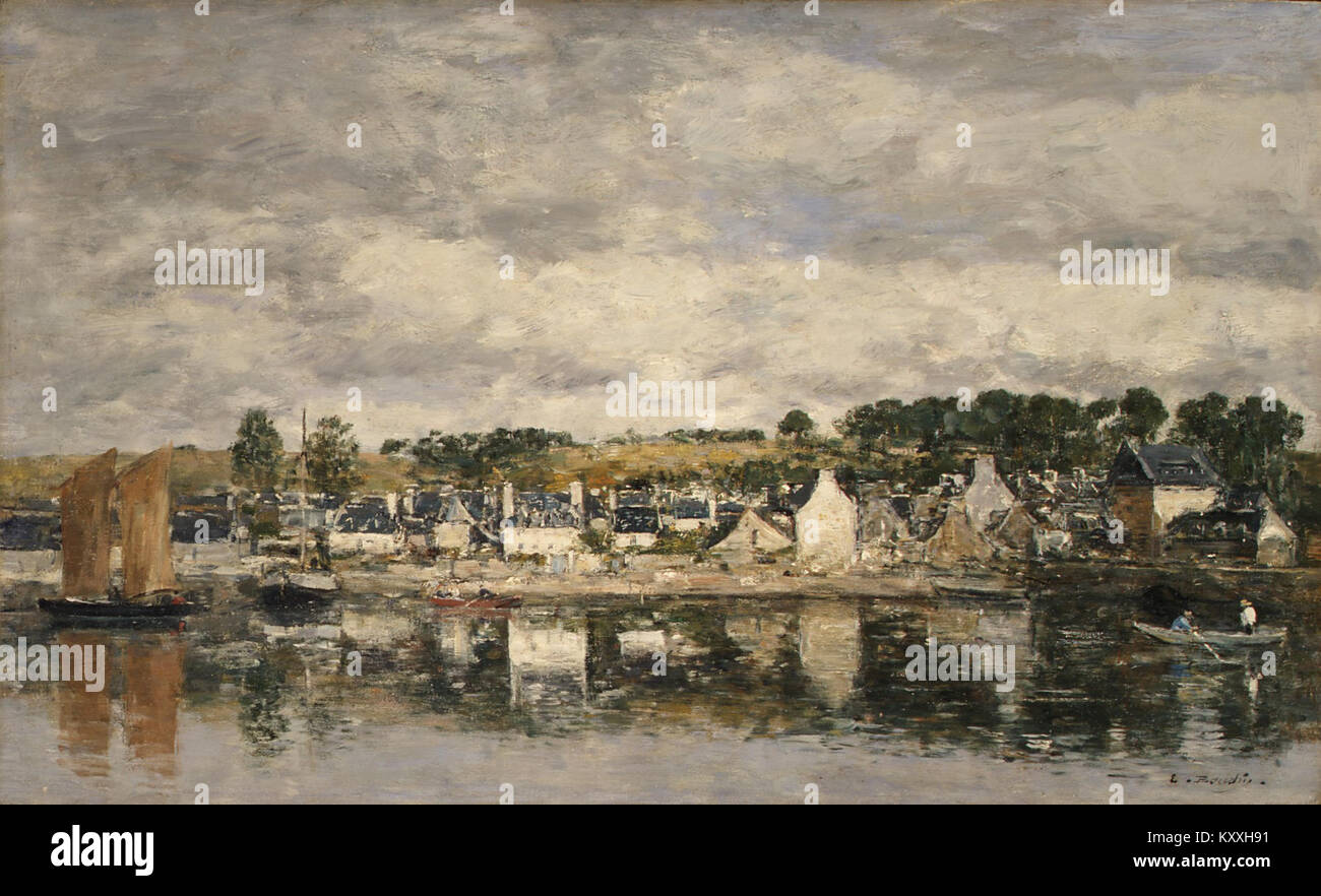 Un dipinto di Eugène Boudin del 1867, intitolato “Villaggio di un fiume”, che mostra una tranquilla scena di villaggio sulle rive di un fiume in Normandia, resa in olio su legno, con una composizione incentrata su case, acqua, alberi e cielo in un paesaggio equilibrato. Metropolitan Museum of Art+1 Foto Stock