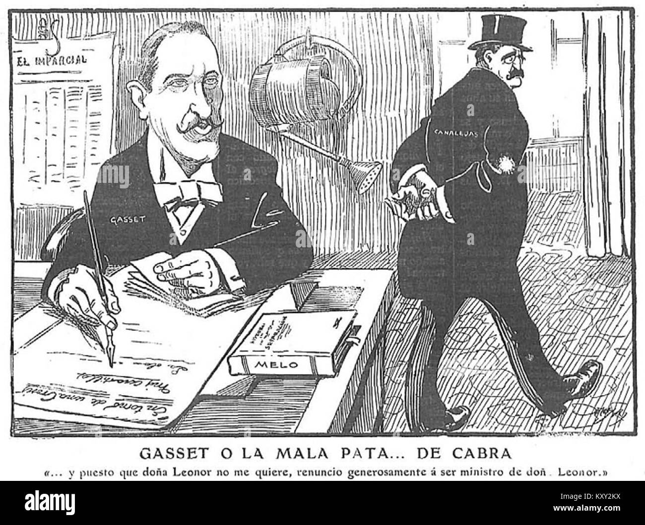 «Gasset o la mala pata de cabra», di moya, è un pezzo intitolato registrato in archivi in lingua spagnola, probabilmente una stampa satirica o una caricatura data l'opera nota dell'artista, anche se i dettagli descrittivi completi non sono attualmente verificati. Foto Stock