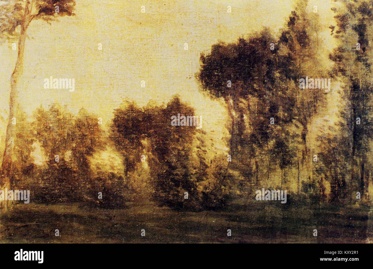 Il dipinto del 1875 di Paul Gauguin «Paysage avec rideau d’arbres» mostra un paesaggio alberato con fogliame simile a una tenda, che rappresenta la sua prima opera di arte paesaggistica naturalista in Francia. Foto Stock