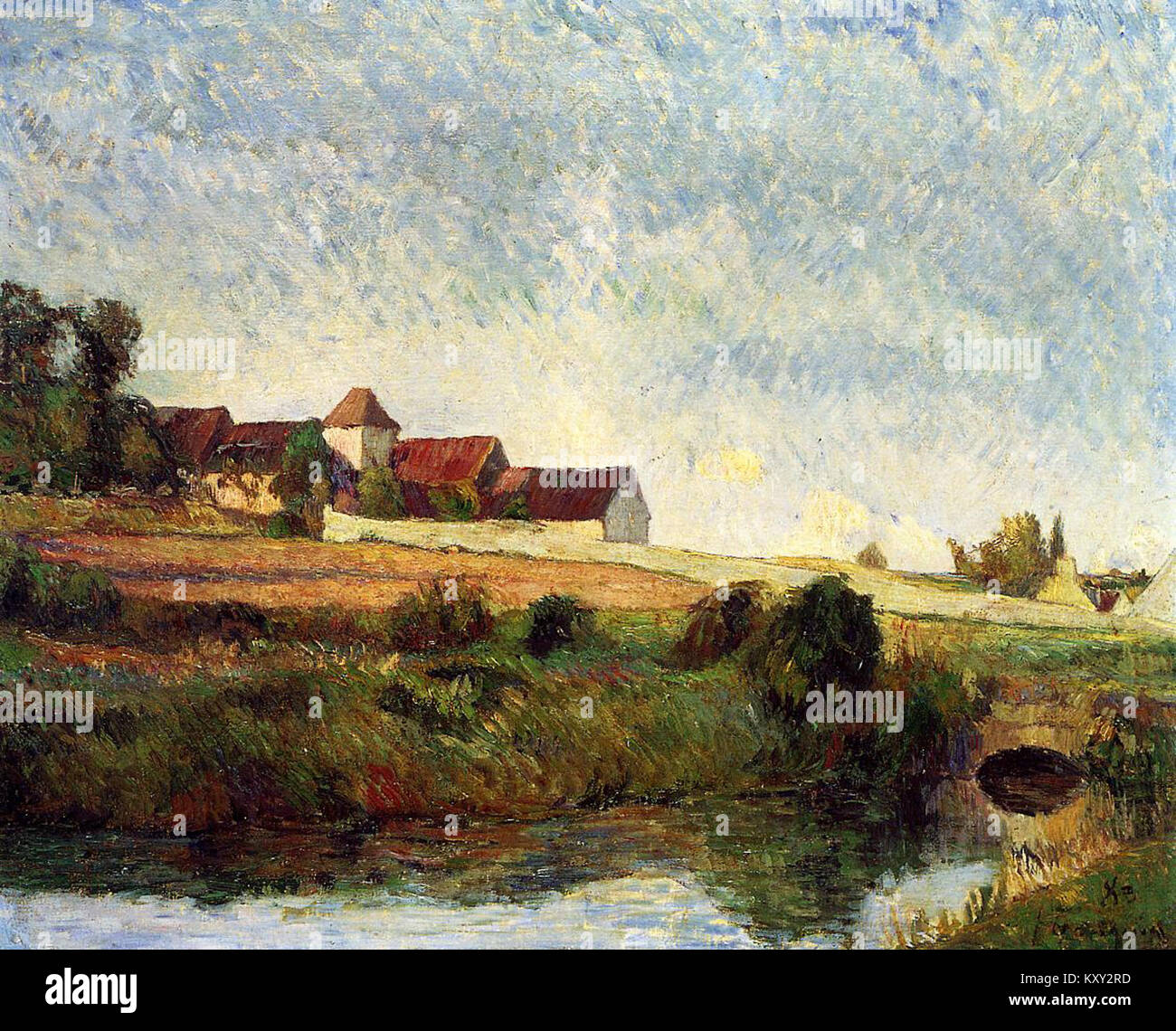Nella tela del 1883 "la Ferme de la Groue" di Paul Gauguin, l'artista presenta un ambiente agricolo a Osny, in Francia, che mostra strutture agricole, alberi e un campo sotto il cielo, composto da forme semplificate e una tavolozza naturale per rappresentare l'esistenza rurale e il paesaggio. Foto Stock