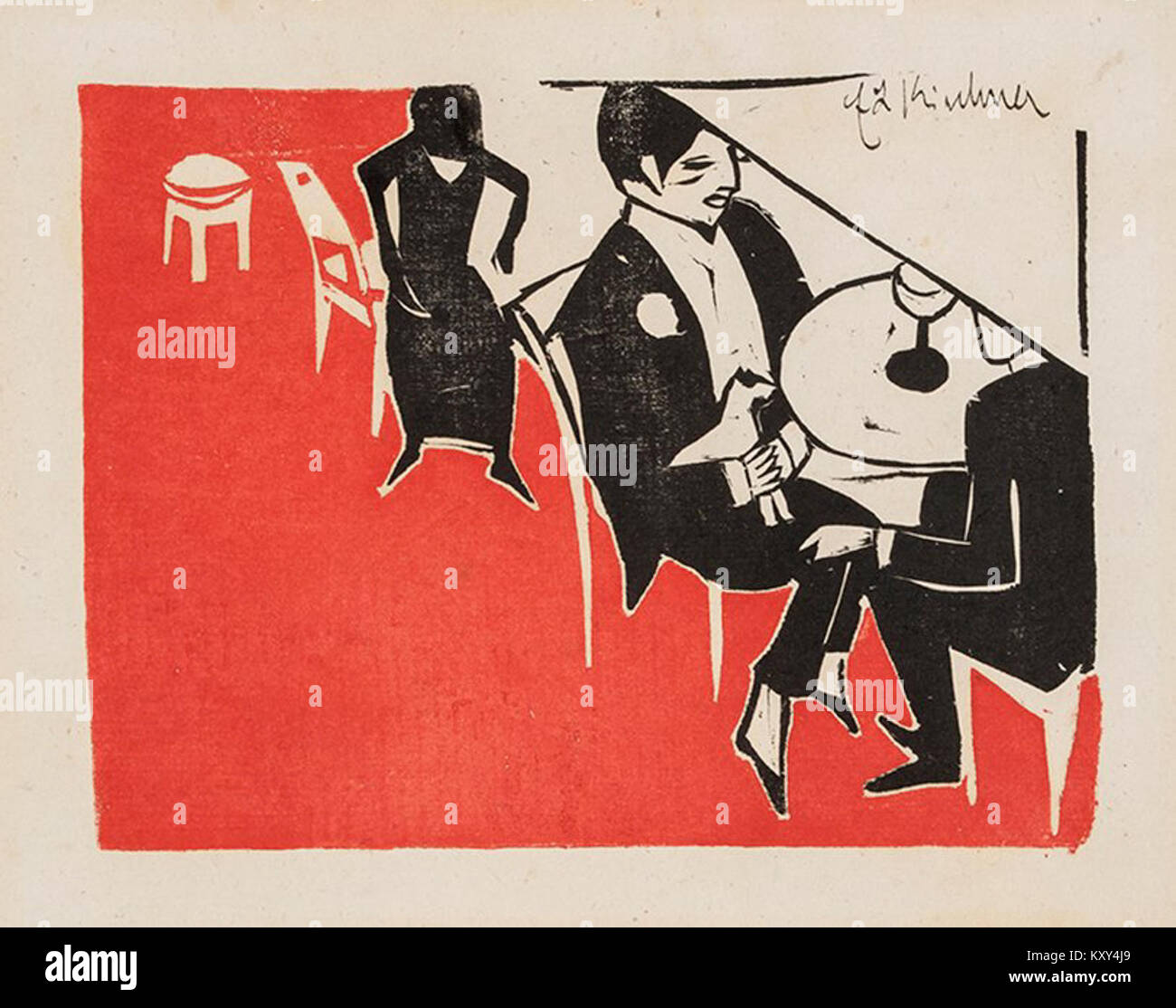 Dipinto ad olio di Ernst Ludwig Kirchner del 1911 intitolato "Gentleman with Lap-Dog in Café", che rappresenta lo stile espressionista attraverso colori audaci e pennellate dinamiche raffiguranti un uomo seduto in un bar con il suo cane. Foto Stock