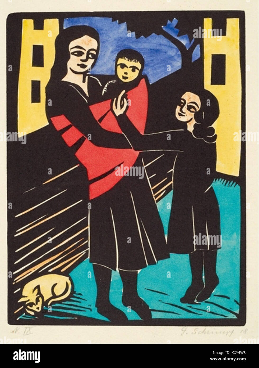 Il dipinto di Georg Schrimpf del 1918 Kinder im Hof raffigura bambini in un cortile, illustrando la società tedesca del dopoguerra e l'attenzione dell'artista sul realismo centrato sull'uomo. Foto Stock