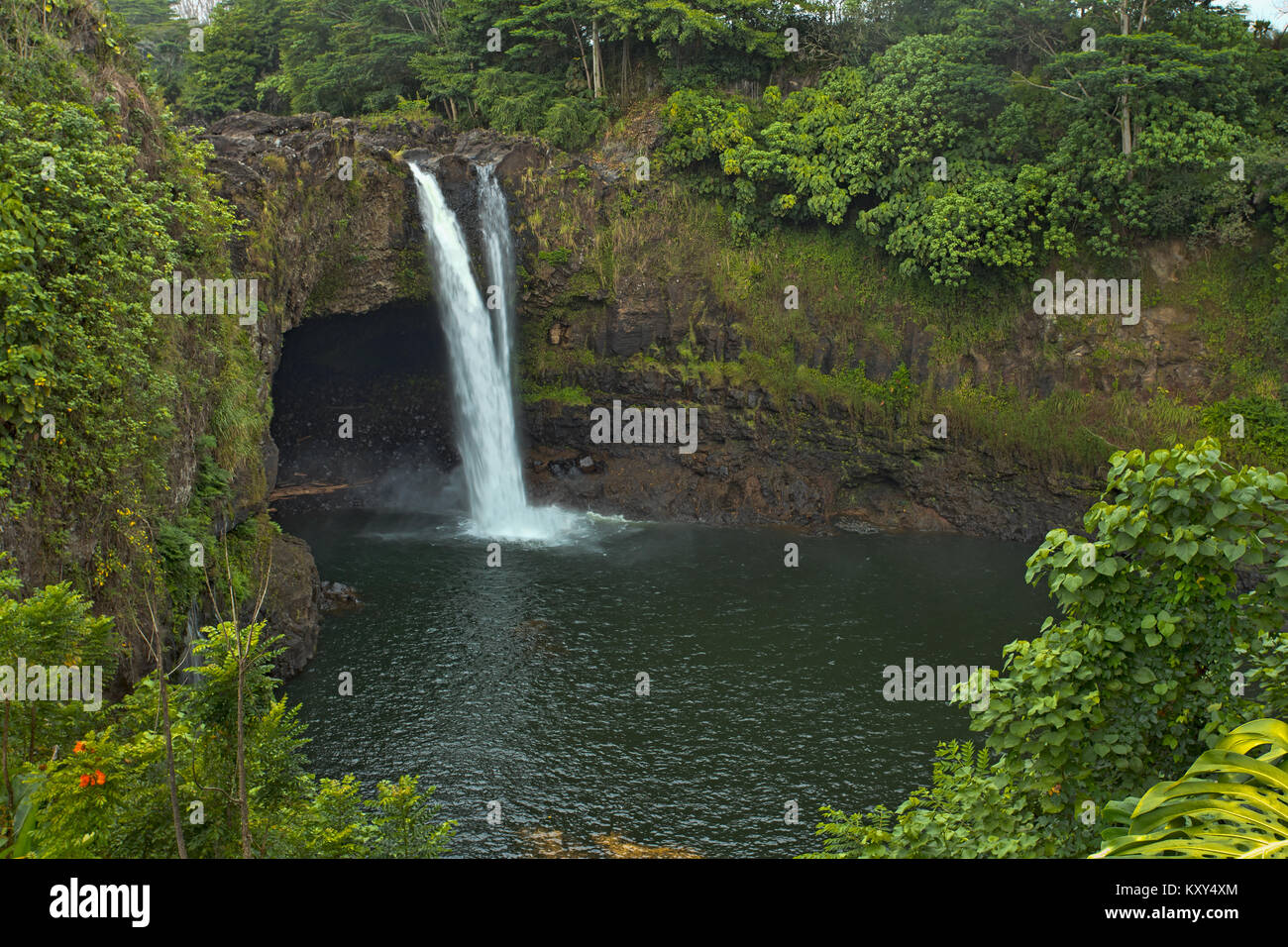 Hilo Hawaii bella Rainbow Falls. Foresta di pioggia paesaggio. Fiume e torrente con cascate. Bella e verde paesaggio e natura. Economia è il turismo. Foto Stock