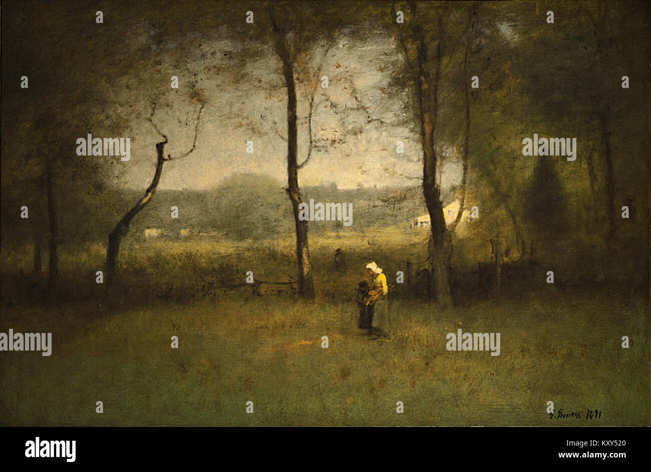 Un dipinto dell'artista americano George Inness intitolato Wood Colleers: An Autumn Afternoon, raffigurante figure rurali che raccolgono legno in un caldo paesaggio autunnale, tipico del suo stile tonale. Foto Stock