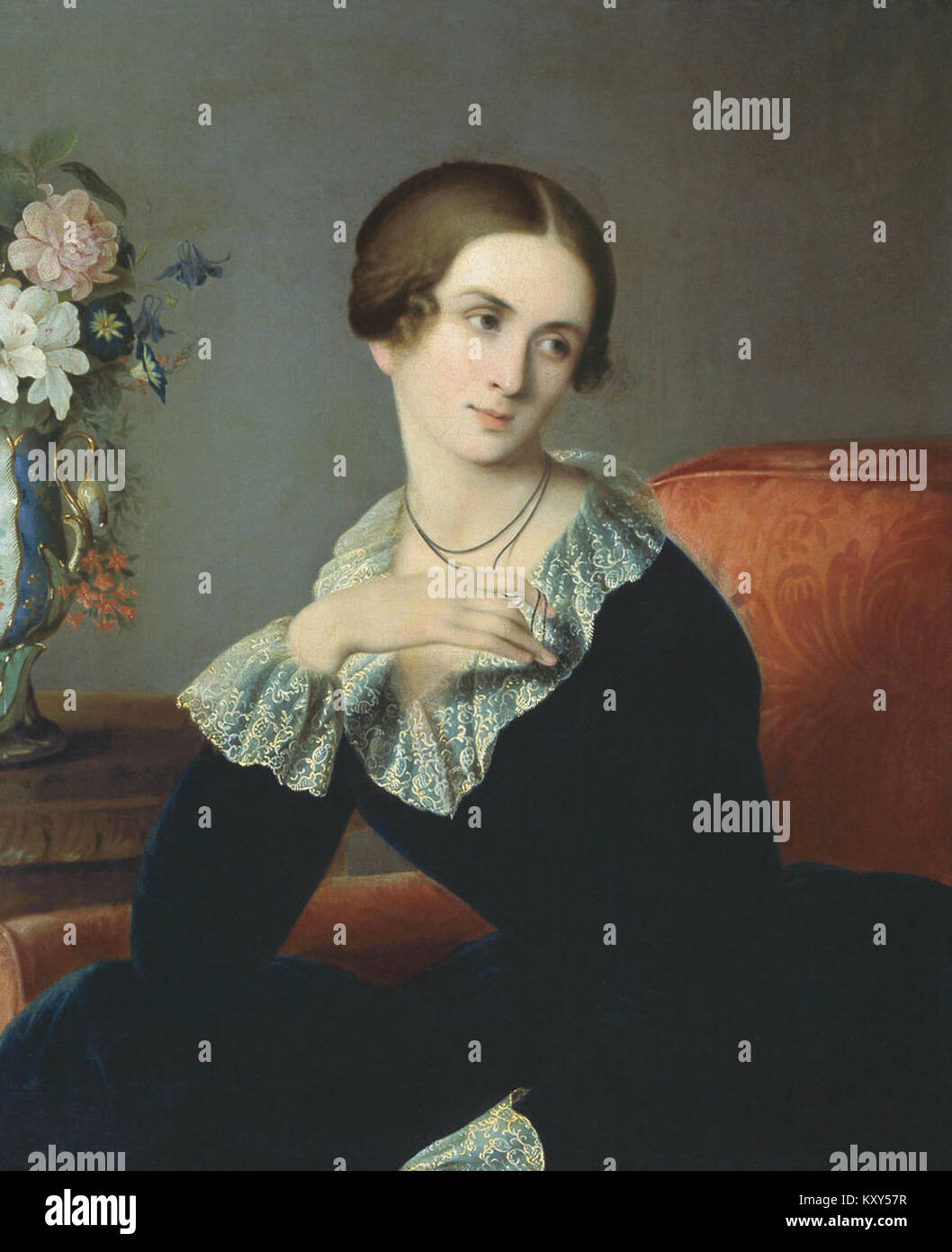 Un ritratto del XIX secolo dell'artista russo Eugène Pluchart raffigurante una donna non identificata, caratteristica della pittura ritrattistica accademica del periodo. Foto Stock