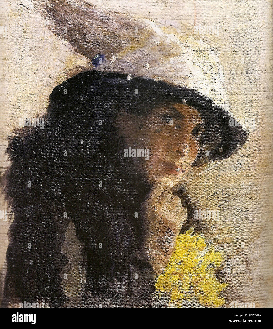 Ritratto intitolato "Bianca" di Eugénio Latour, con una donna seduta. L'opera esemplifica la ritrattistica dei primi anni del XX secolo attraverso una composizione raffinata e la caratteristica eleganza dell'artista nella rappresentazione. Foto Stock