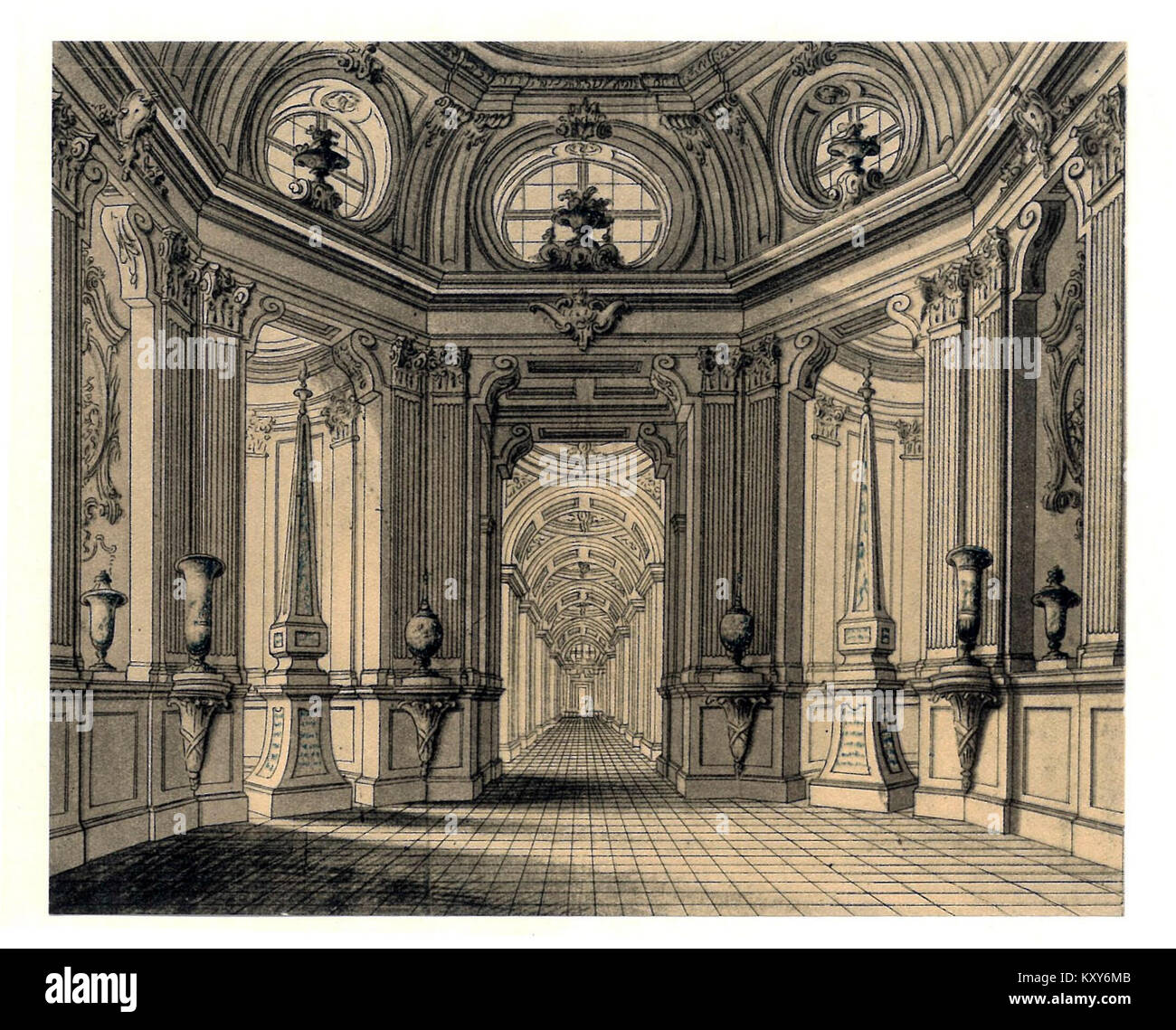 L'opera attribuita a Girolamo Bon - un progetto prospettico scenico del 1762 identificato come No. 599 - dimostra l'uso della prospettiva in scenari teatrali durante il XVIII secolo. Si tratta di un esempio di arte scenica e tecniche di progettazione del periodo piuttosto che di una pittura convenzionale. Foto Stock