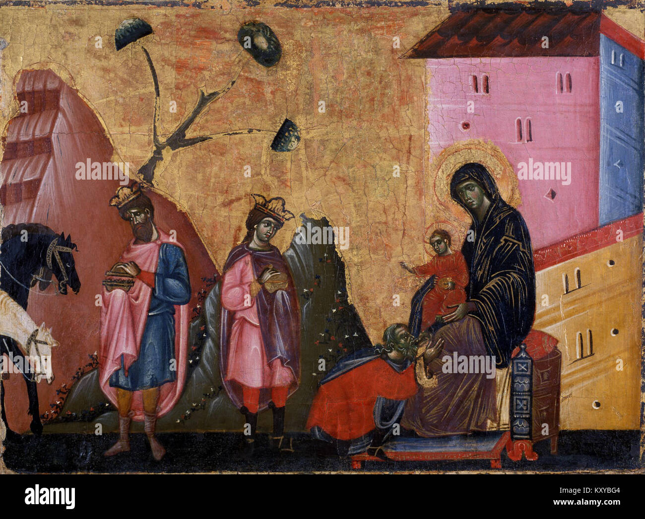 Il dipinto di Guido da Siena «Adorazione dei Magi» raffigura la scena biblica dei tre saggi che presentano doni al Cristo bambino, esempio di arte religiosa italiana del XIII secolo. Foto Stock