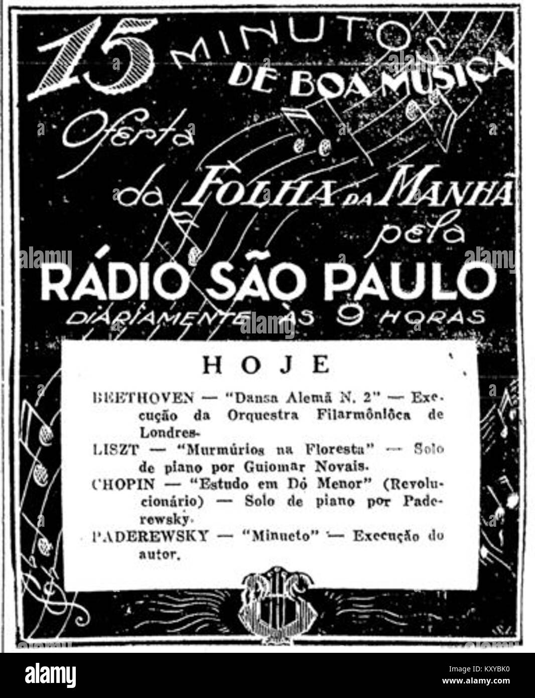 Un articolo di giornale del 1943 su Folha da Manhã con l'attrice brasiliana Guiomar Novais, che mette in evidenza la sua carriera e i suoi contributi culturali al teatro brasiliano. Foto Stock