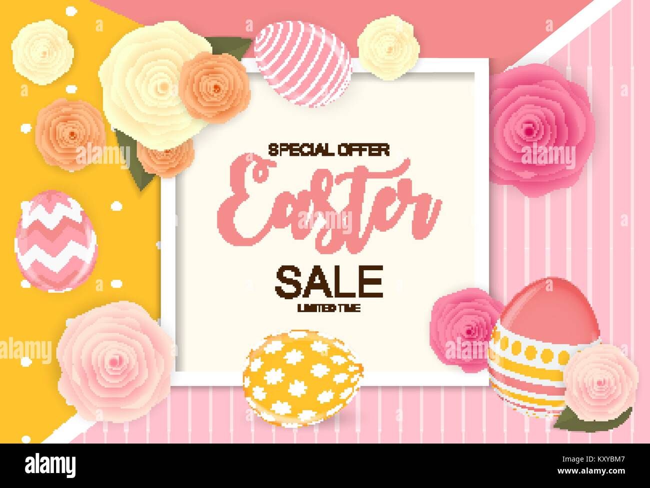 Pasqua vendita carino sfondo con fiori e uova. Illustrazione Vettoriale Illustrazione Vettoriale