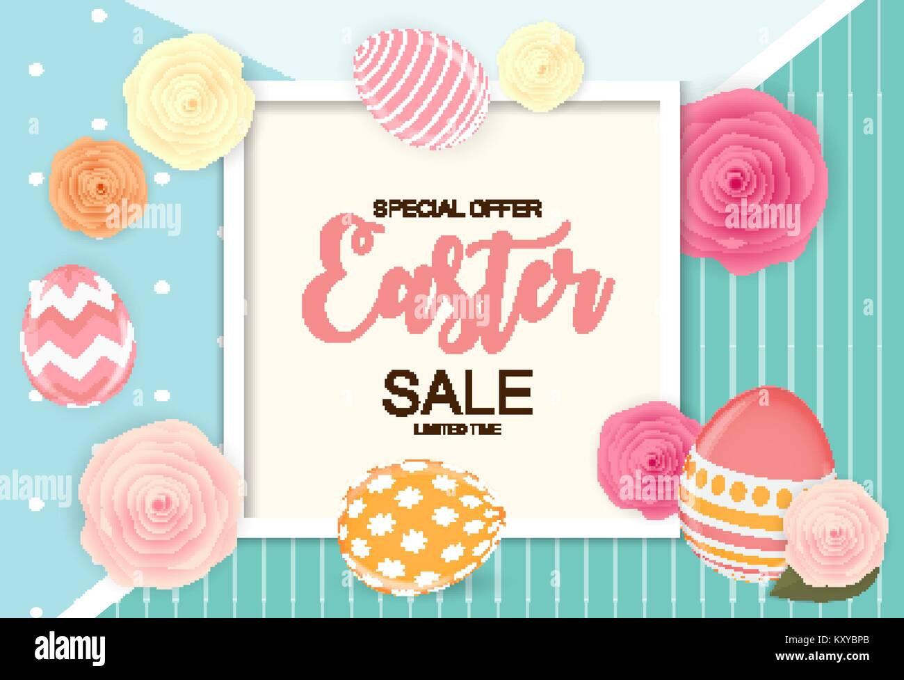 Pasqua vendita carino sfondo con fiori e uova. Illustrazione Vettoriale Illustrazione Vettoriale