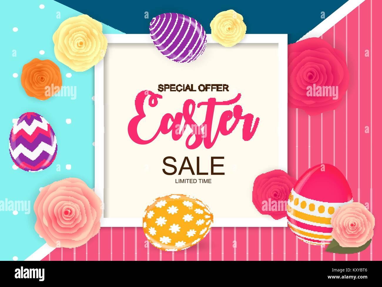 Pasqua vendita carino sfondo con fiori e uova. Illustrazione Vettoriale Illustrazione Vettoriale