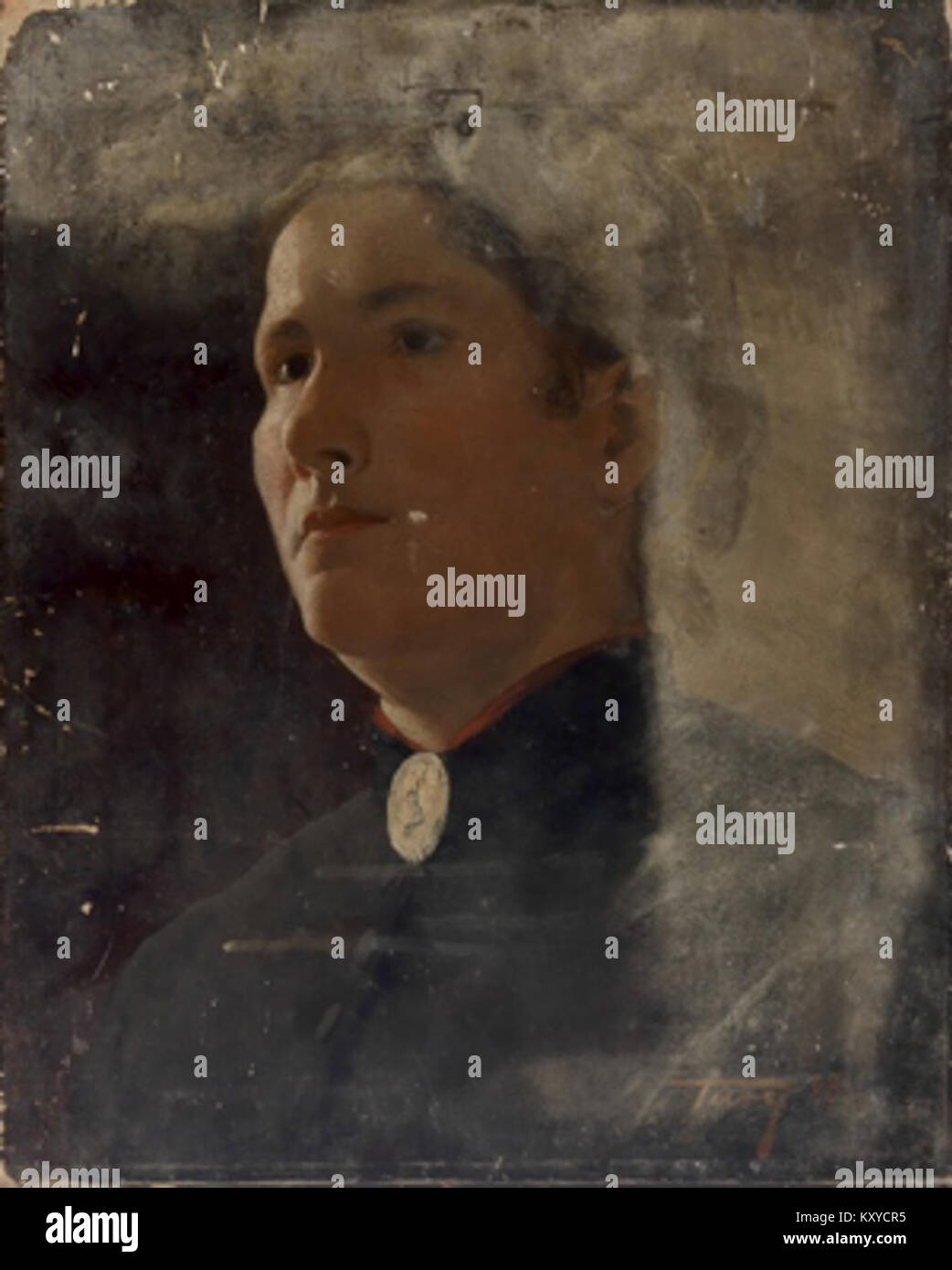 Il dipinto “Žena” (“donna”) dell’artista ungherese Gyula Tury (1882-1916) ritrae una figura femminile seduta in un interno domestico, riflettendo lo stile figurativo di Tury e il modernismo ungherese dell’inizio del XX secolo. Foto Stock