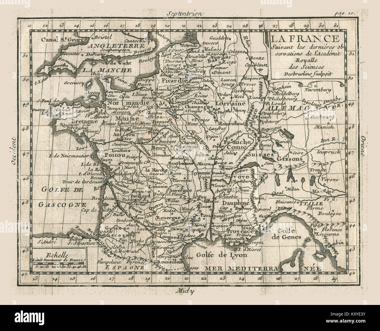 Questa mappa del XVIII secolo di Buffier raffigura la geografia della Francia. Si tratta di una rappresentazione storica delle divisioni territoriali e delle caratteristiche fisiche del paese durante quel periodo. Foto Stock