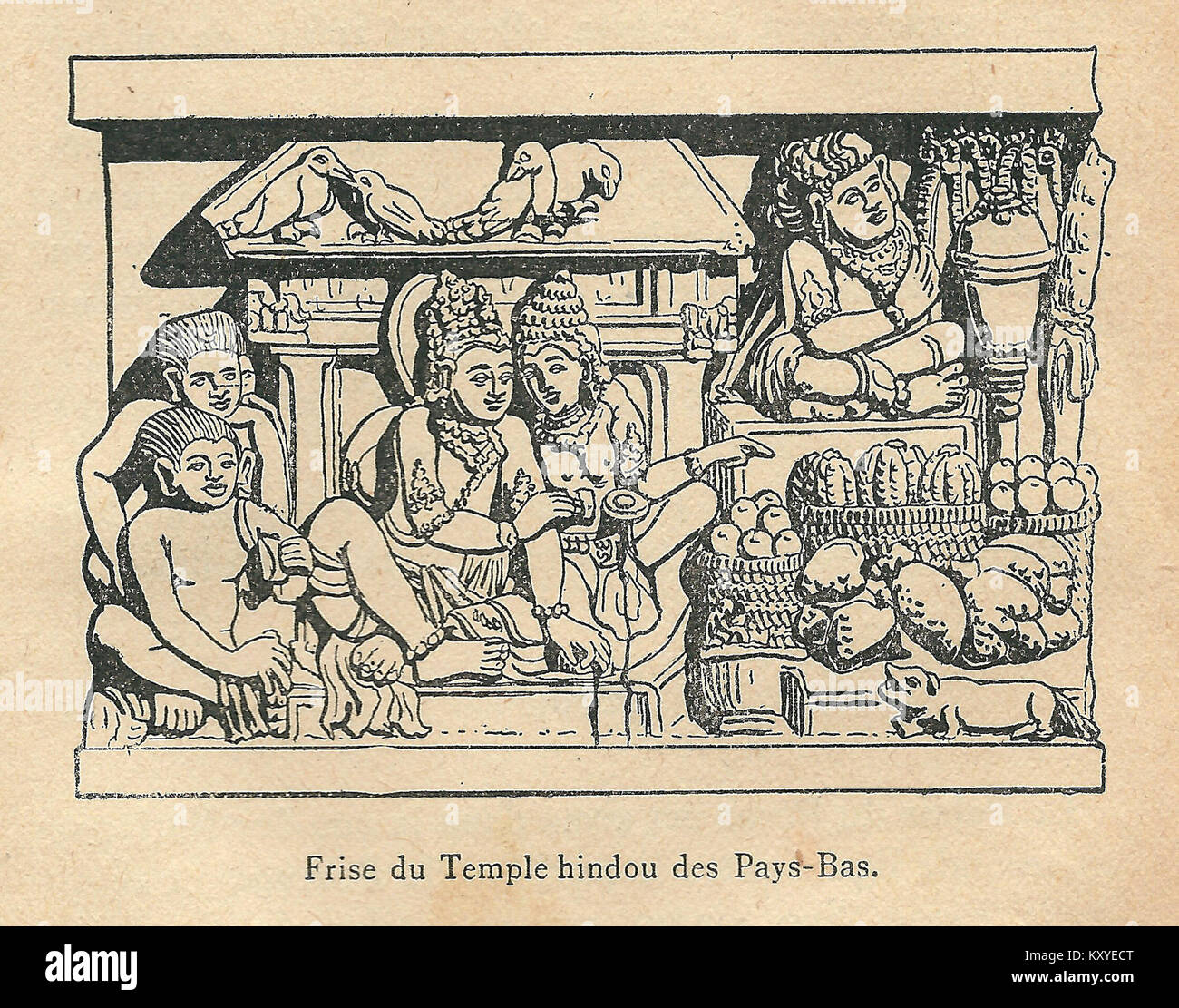L'immagine dell'Expo 1900 di Parigi mette in risalto il tempio indù dei Paesi Bassi, mostrando i dettagli architettonici e gli scambi culturali durante l'esposizione mondiale. Il design del tempio riflette una miscela di influenze culturali durante l'inizio del XX secolo. Foto Stock