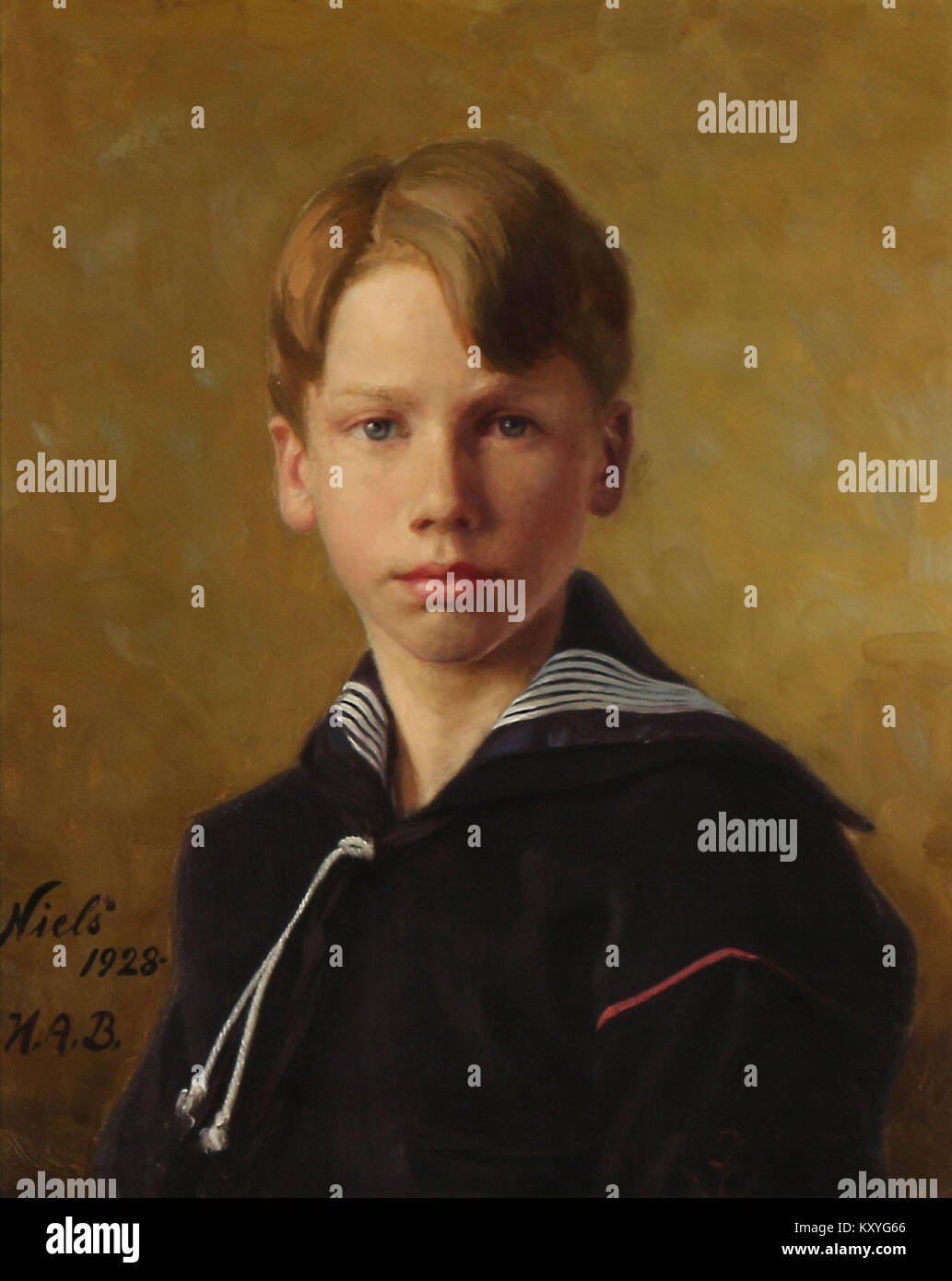 Il dipinto di H. A. Brendekilde intitolato "Ritratto del nipote dell'artista Nils" raffigura il membro della famiglia dell'artista, reso in stile naturalistico su tela e che mostra Nils in un ambiente interno domestico. Brendekilde (1857-1942) è stato un pittore danese associato al realismo rurale alla fine del XIX secolo. Foto Stock
