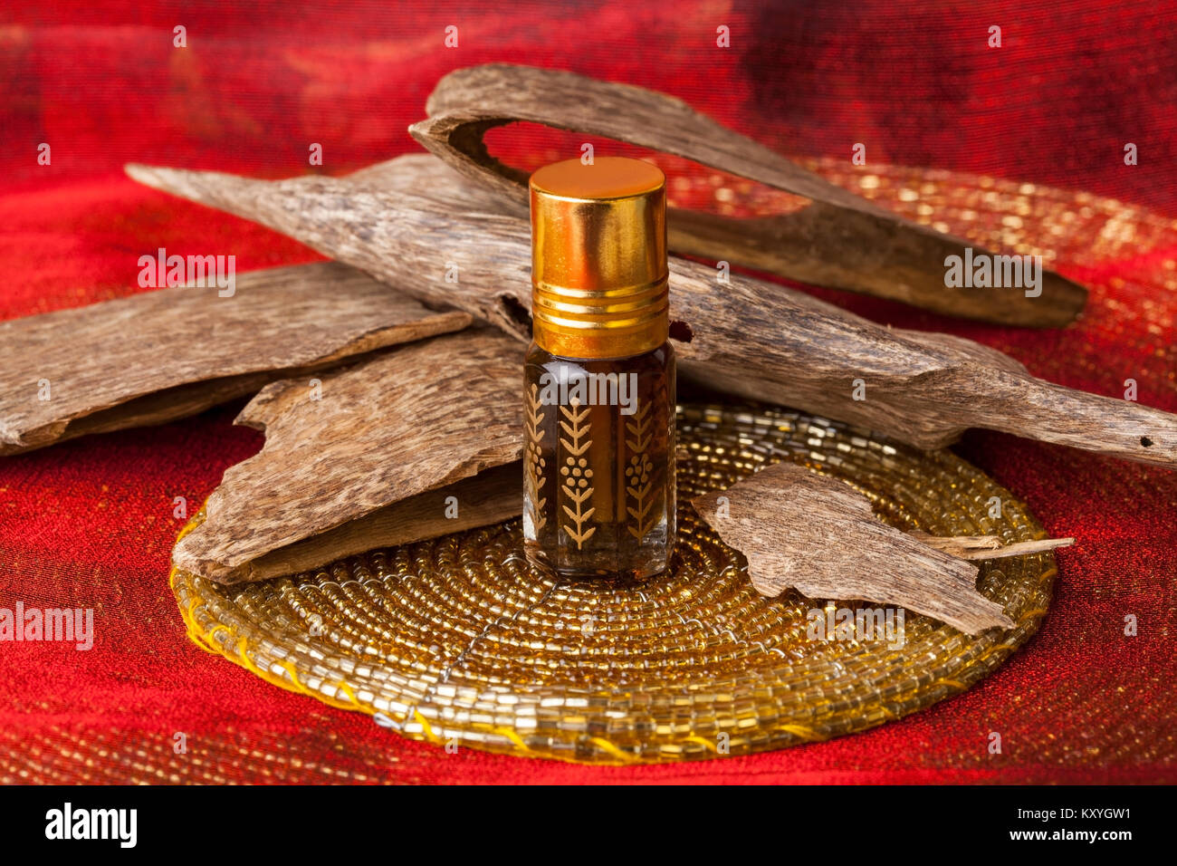 Legno di agar, chiamato anche aloeswood, olio essenziale di incenso e trucioli Foto Stock