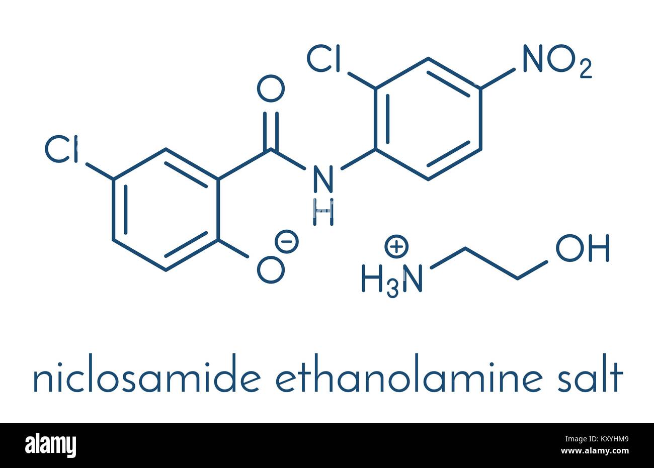 Niclosamide etanolammina tenia molecola di farmaco (antielmintico). Può essere utile come farmaco antidiabetico, agendo come un divisore mitocondriale. Forma dello scheletro Illustrazione Vettoriale