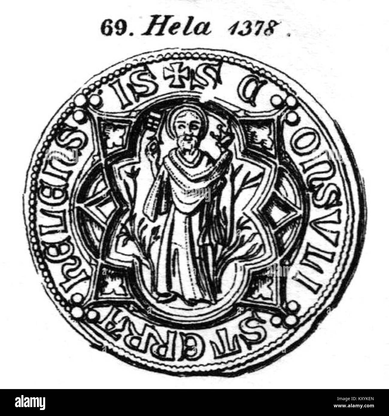 Immagine del sigillo della città di Hela di F. A. Voßberg, che mostra il disegno araldico, i simboli e l'identità storica municipale. Foto Stock
