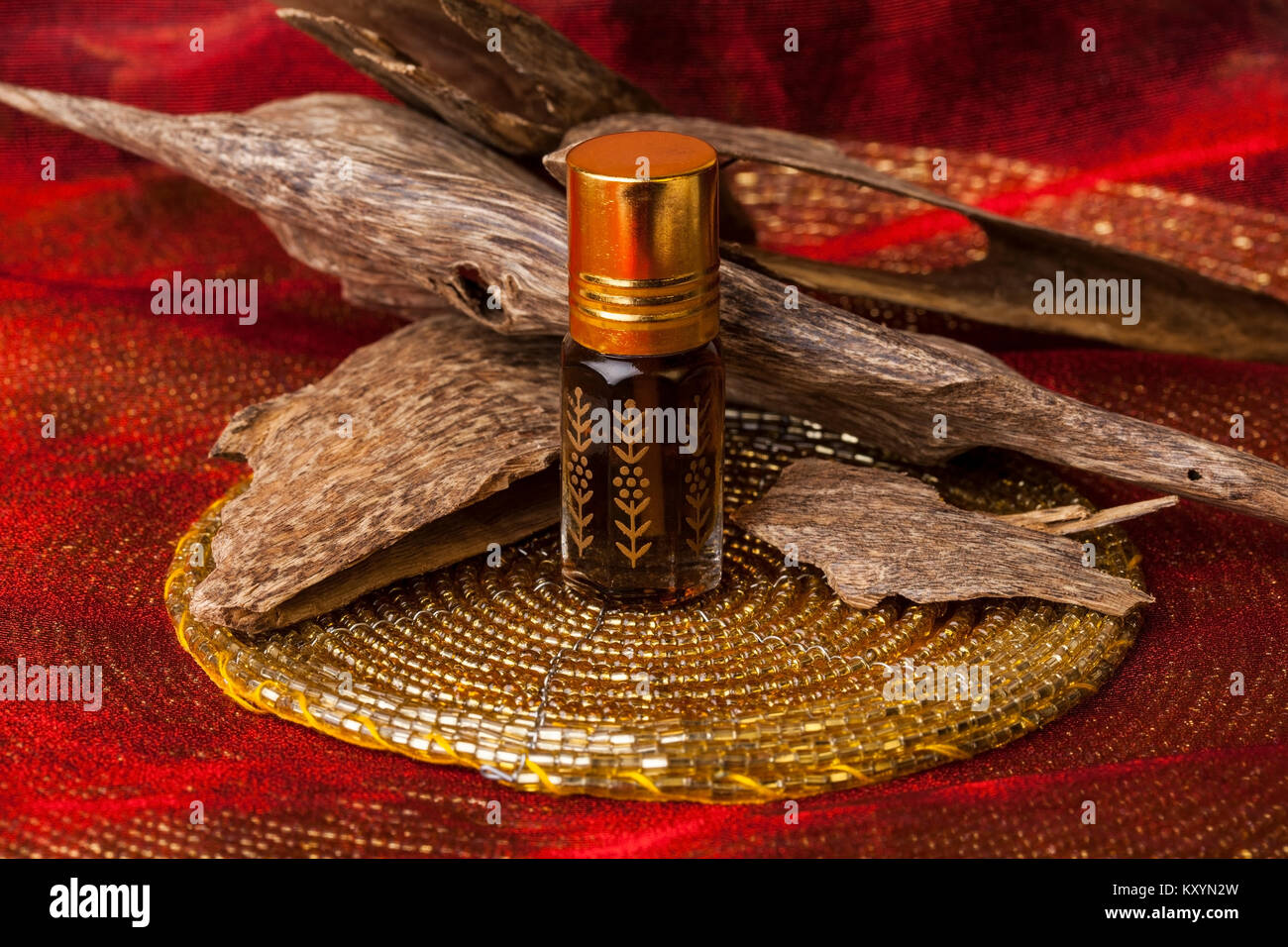 Legno di agar, chiamato anche aloeswood, olio essenziale di incenso e trucioli Foto Stock