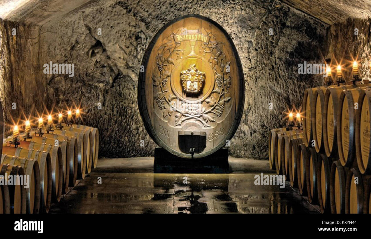 Il logo della cantina fondata da Haraszthy rappresenta l'identità del marchio dello storico produttore di vino ungherese. Foto Stock