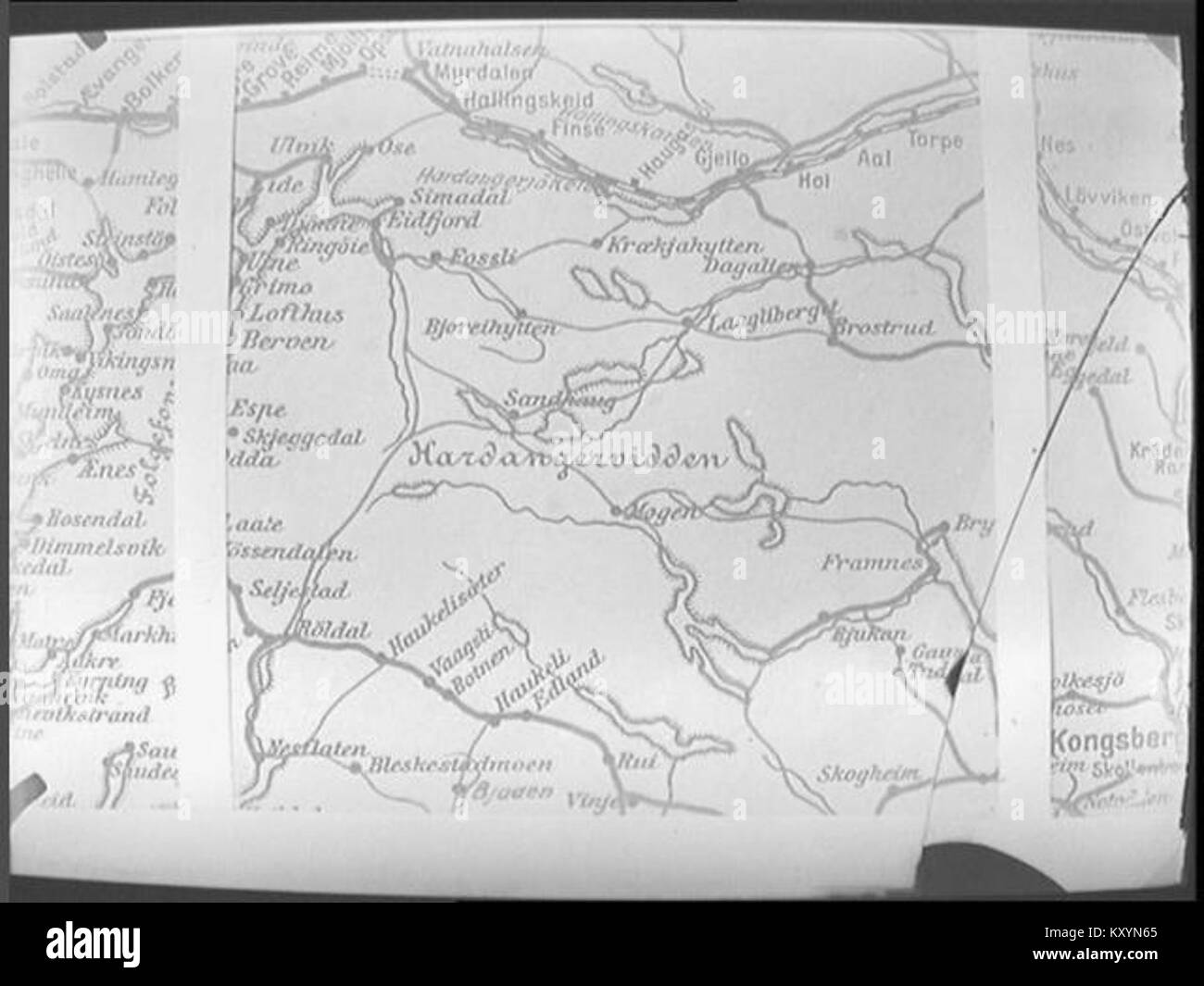 "Hardangervidda, karta" si riferisce a una mappa dell'altopiano di Hardangervidda in Norvegia, noto per il suo vasto altopiano e lo status di parco nazionale. Foto Stock