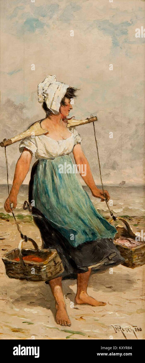 Il dipinto di Heinrich Rasch del 1880 raffigura una donna olandese che trasporta cesti di pesci su una spiaggia, illustrando la vita costiera e la pittura di genere europeo del XIX secolo. Foto Stock