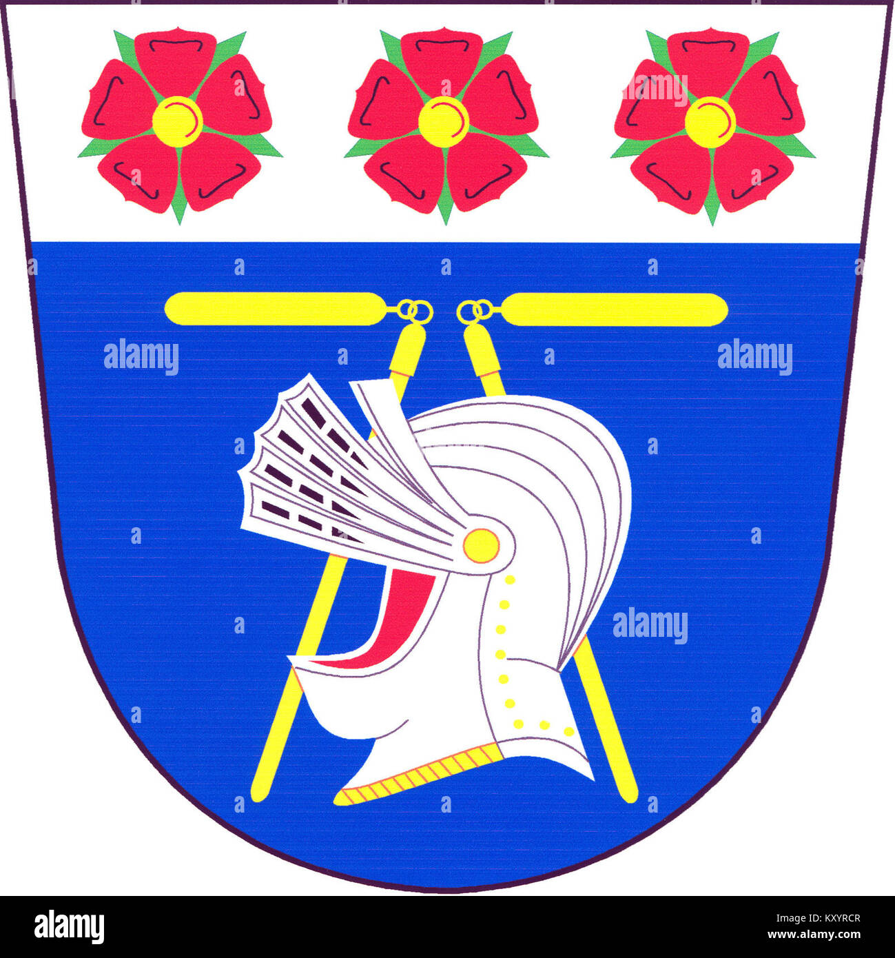 Lo stemma del comune di Hejtmánkovice, nella Repubblica Ceca, presenta un casco d'argento e due fiocchi di trebbiatura su un campo blu, e tre rose rosse su un campo bianco, che simboleggiano il patrimonio locale e la storia benedettina. Foto Stock