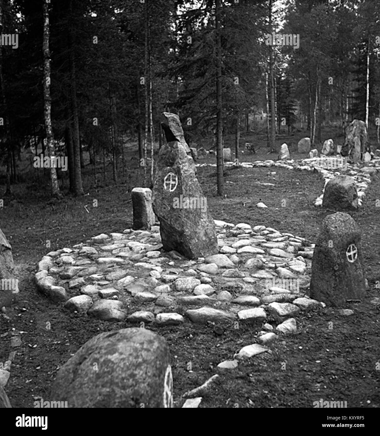Il sito di sepoltura di Fagertofta in Svezia presenta vari tipi di tombe antiche, tra cui cerchi di pietra e un cairn, risalente all'età romana del ferro al periodo delle migrazioni. Foto Stock