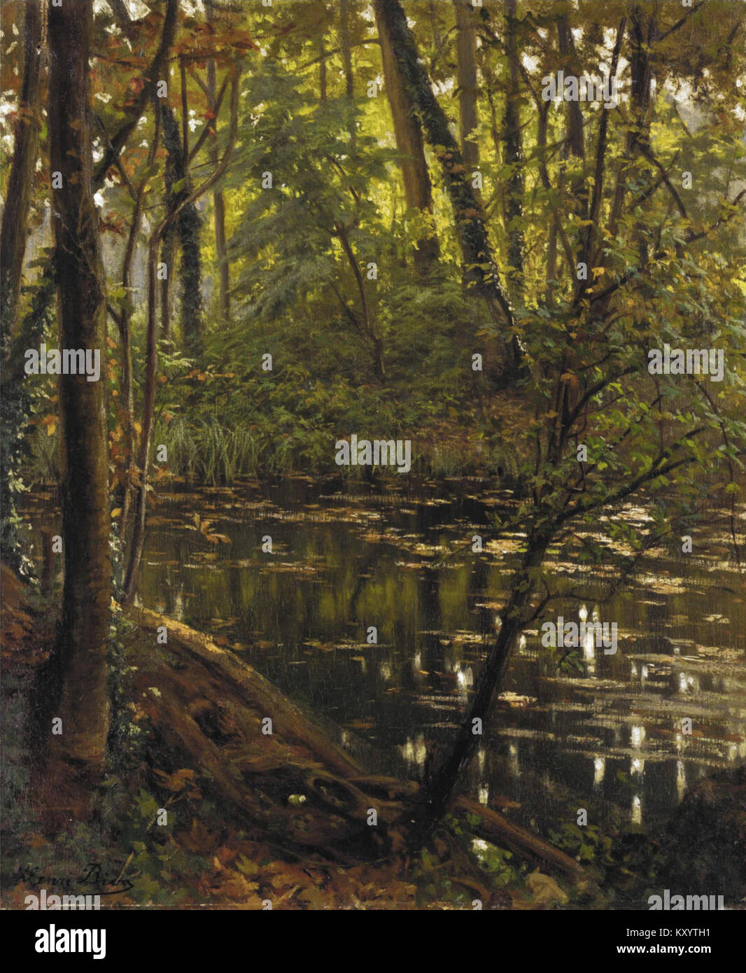 Rivière en sous bois di Henri Biva è un dipinto ad olio che raffigura un fiume che scorre attraverso una foresta. L'opera mostra l'abilità di Biva nella pittura paesaggistica, con particolare attenzione agli elementi naturali dell'acqua e degli alberi. Foto Stock