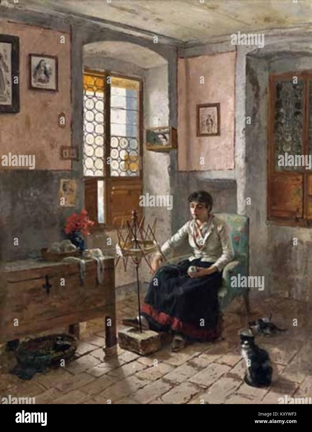 Un dipinto di Hermann Hartwich che raffigura una donna dell'Europa meridionale filata, che illustra la vita rurale e le pratiche tessili tradizionali. Foto Stock