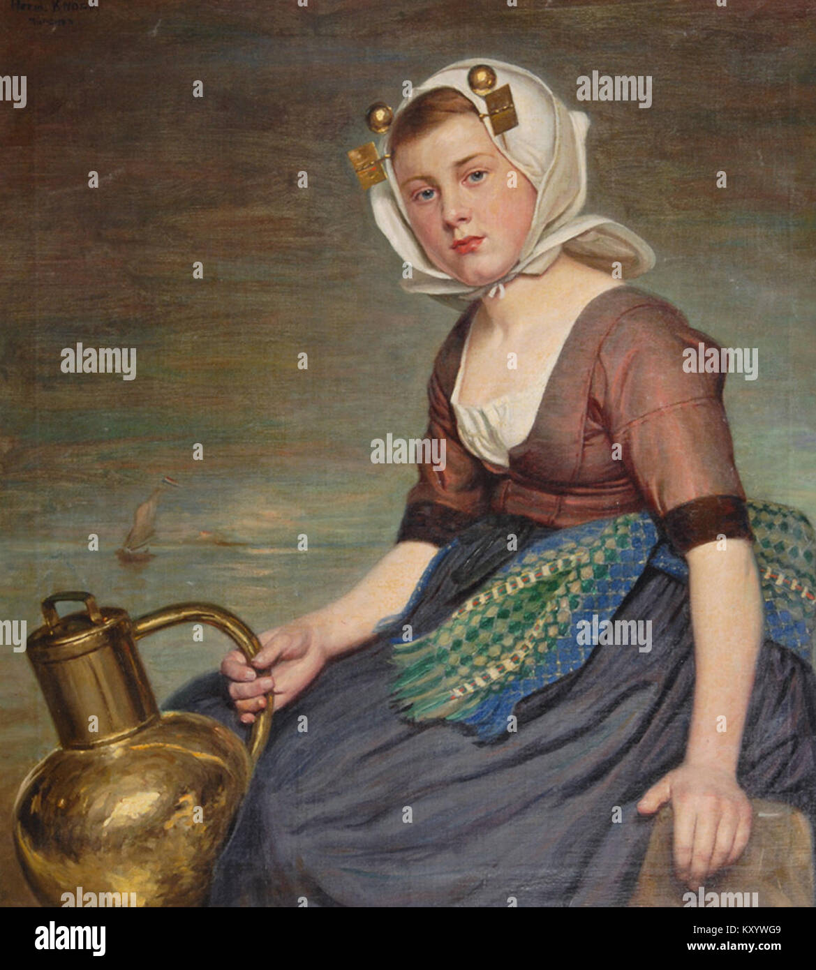 Questo ritratto di Hermann Knopf raffigura una giovane donna che indossa abiti tradizionali della Zelanda, mettendo in risalto gli stili di abbigliamento regionali dei Paesi Bassi. Il dipinto mostra la cura artigianale dettagliata del tempo. Foto Stock