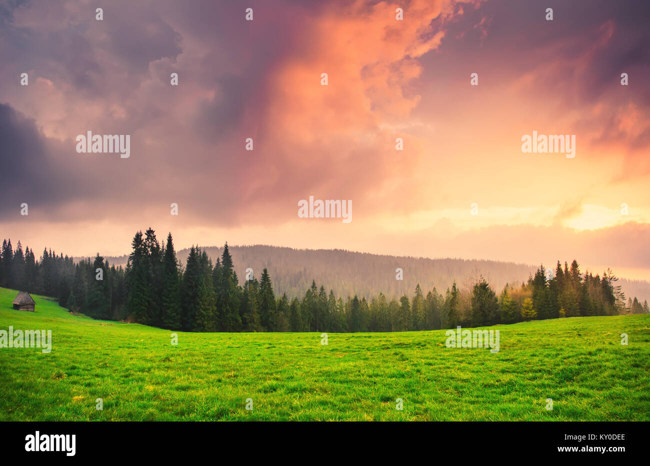 Scenic sunrise sulla verde vallata. Valli dei monti Tatra in mattina d'estate. Il pittoresco cielo sopra di prato. Foto Stock