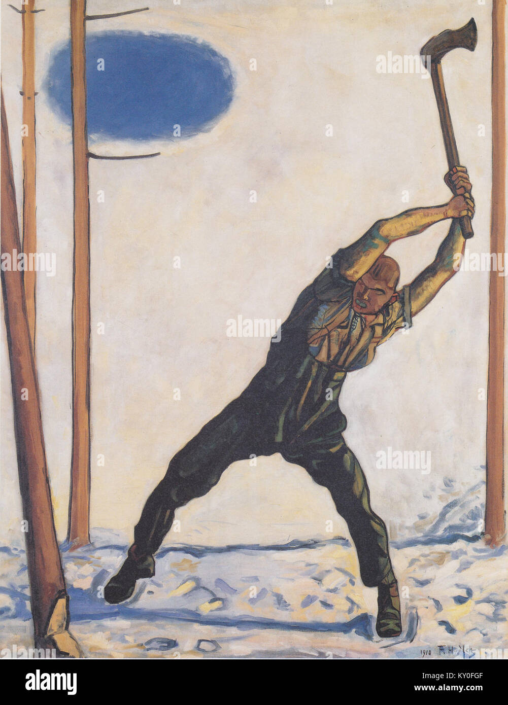 "Der Holzfäller", un dipinto del 1910 di Ferdinand Hodler, raffigura un uomo che taglia la legna in una foresta. La composizione enfatizza la forza fisica, il ritmo e l'armonia tra l'uomo e la natura. Foto Stock