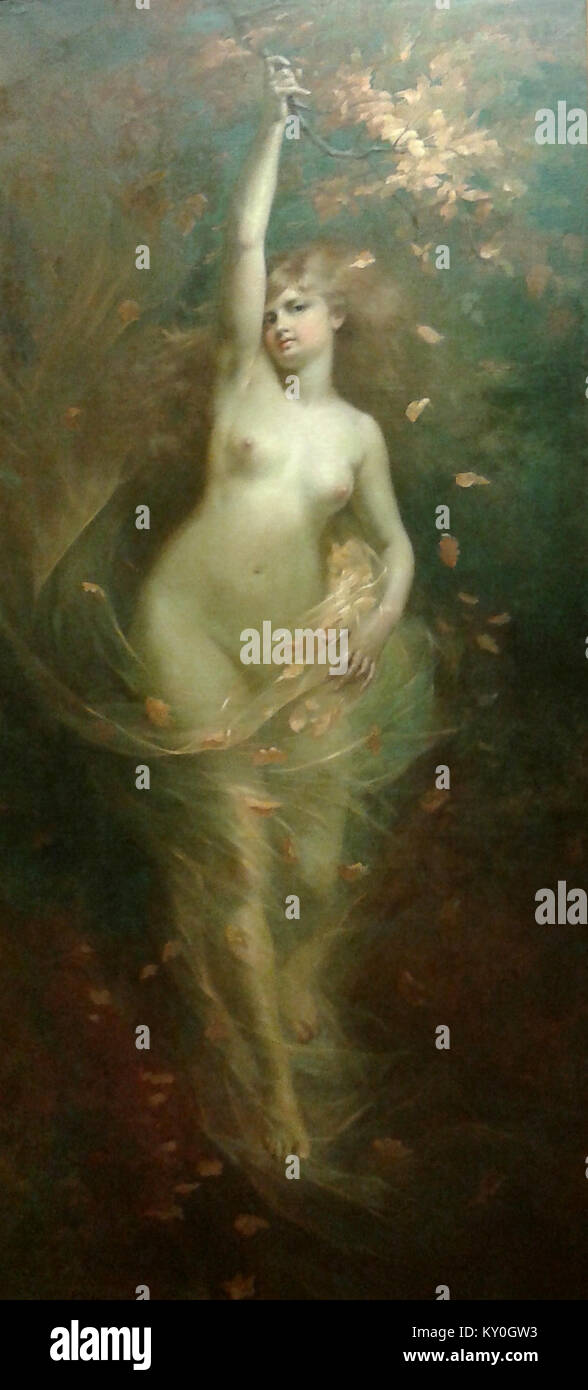 "Folhas de Outono" (foglie autunnali) di Horácio Pinto da Hora è un dipinto che raffigura la calma e la bellezza transitoria dell'autunno attraverso le immagini di foglie cadenti e sfumature stagionali attenuate. Foto Stock