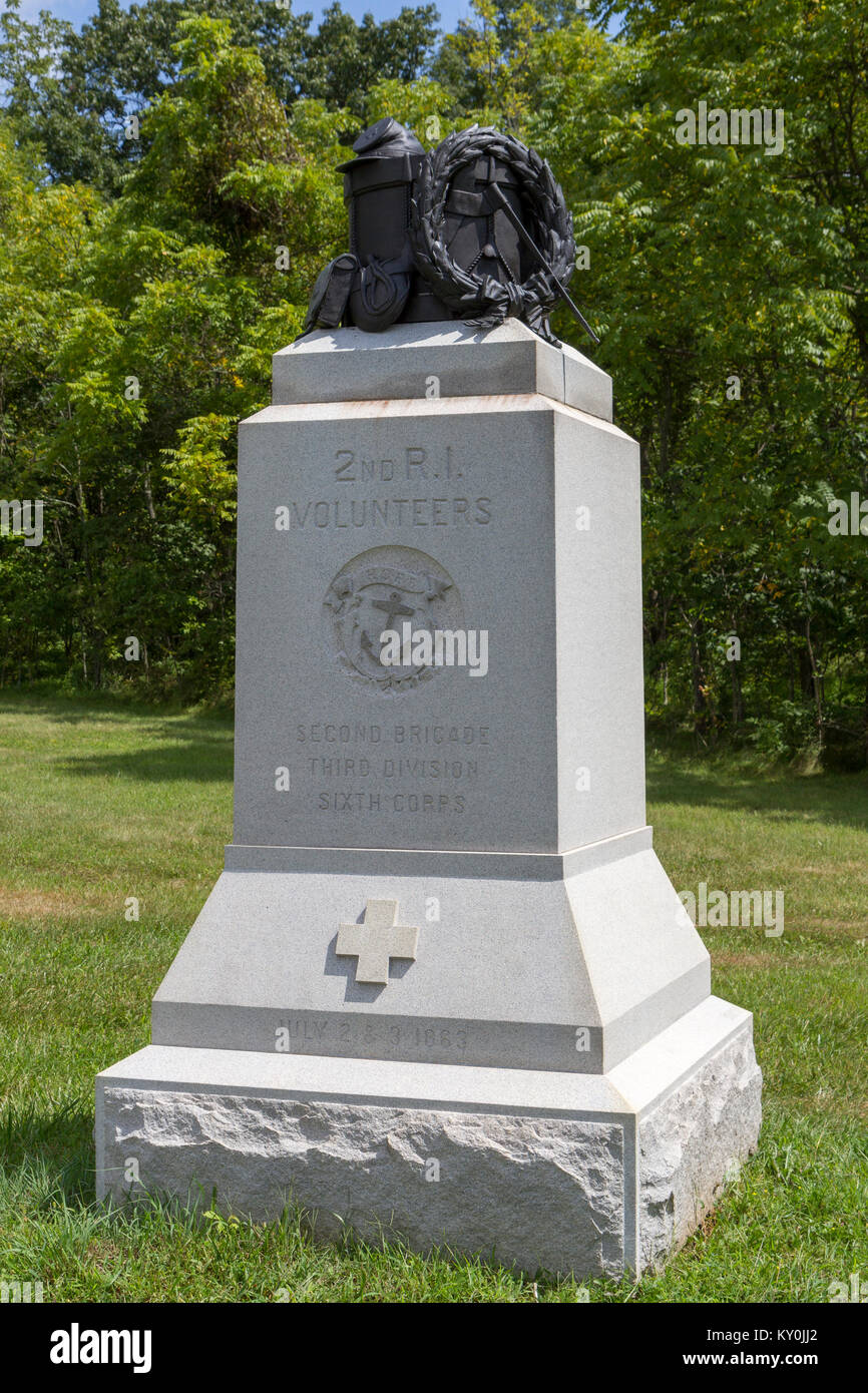 La 2a Rhode Island Reggimento di Fanteria monumento, Gettysburg National Military Park, Pennsylvania, Stati Uniti. Foto Stock