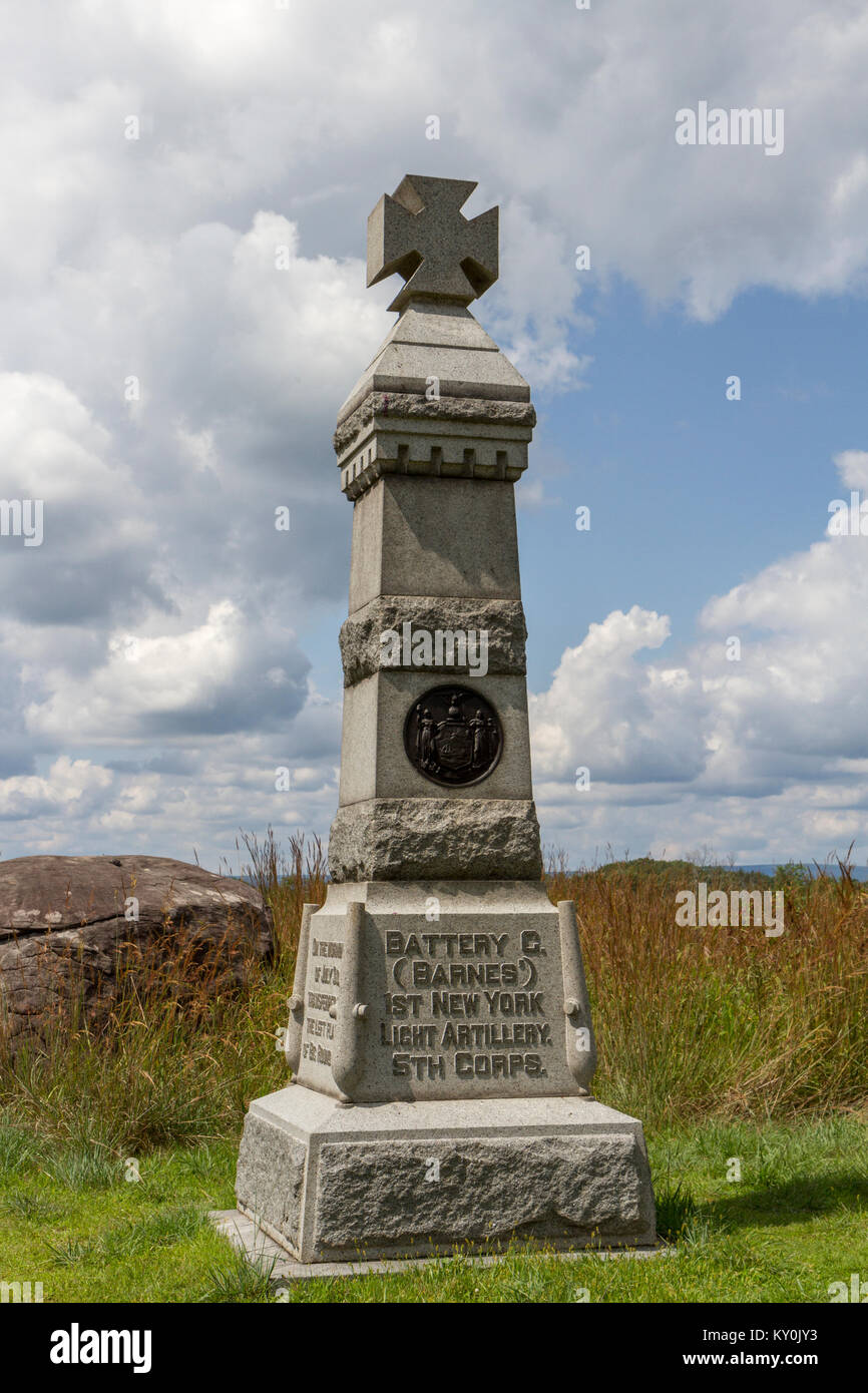 La 1a New York Luce batteria di artiglieria K Memorial, Gettysburg National Military Park, Pennsylvania, Stati Uniti. Foto Stock