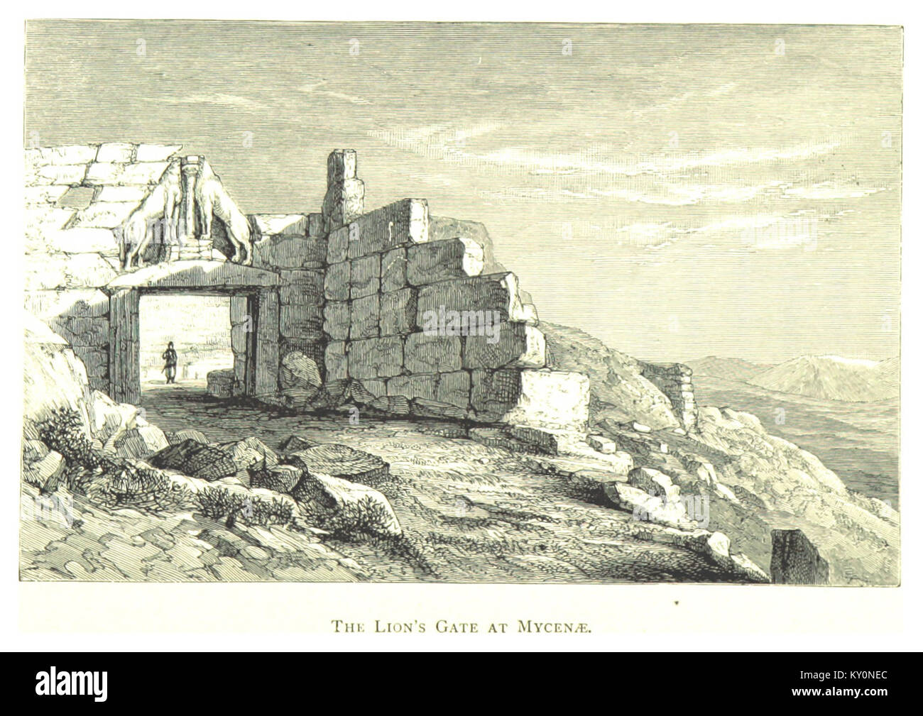 La porta del Leone a Micene è un'importante caratteristica architettonica dell'antica cittadella greca, conosciuta per la sua monumentale costruzione in pietra e la scultura in rilievo dei leoni sopra l'ingresso. Foto Stock