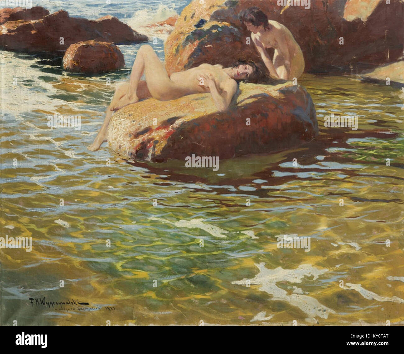 "Z motywów Capryjskich" è un dipinto dell'artista polacco Feliks Michał Wygrzywalski, creato nel 1923. L'opera d'arte raffigura temi ispirati all'isola di Capri, mostrando l'esplorazione di Wygrzywalski dei paesaggi mediterranei e dei motivi culturali. Foto Stock