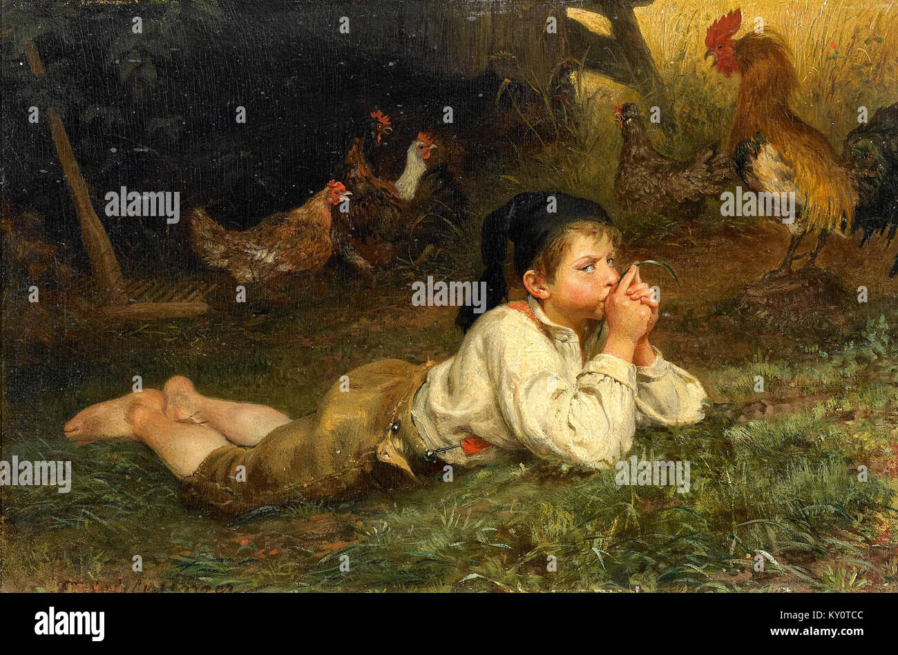 "Die Rast im Hühnerstall" di Felix Schlesinger è un dipinto che raffigura figure che riposano all'interno di una culla di pollo, che riflette la vita rurale e le attività agricole domestiche. Foto Stock