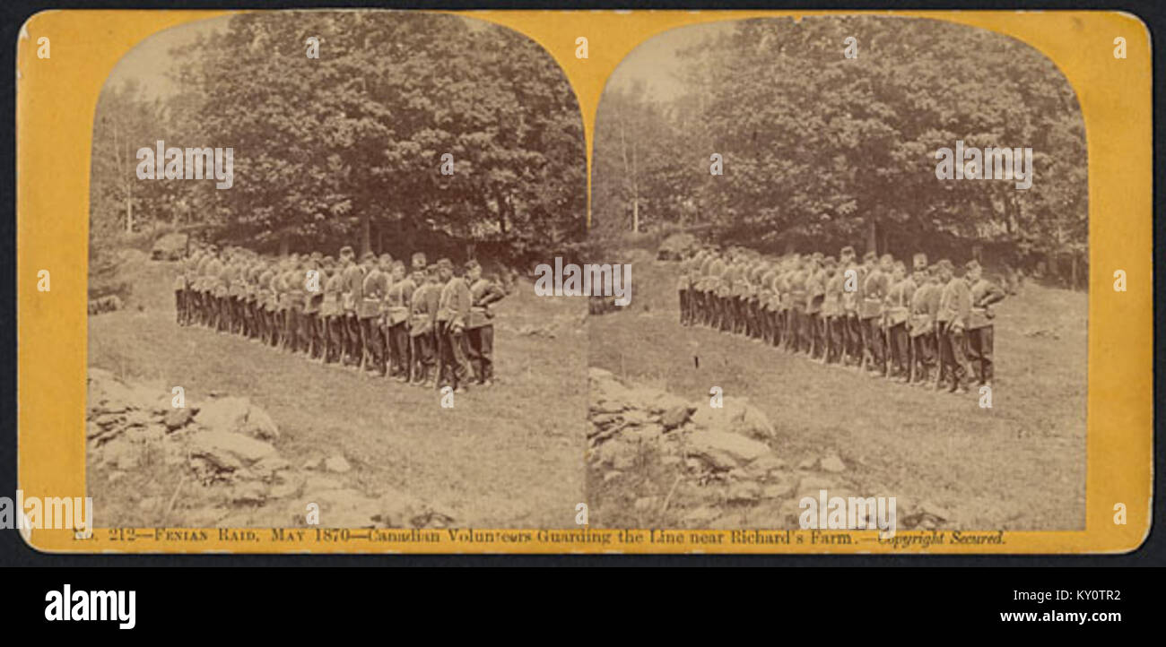 Questo titolo si riferisce al raid Fenian del 1870, un evento militare in cui i volontari canadesi difesero contro i militanti irlandesi vicino a Richard's Farm, segnando un conflitto storico durante il periodo coloniale del Canada. Foto Stock