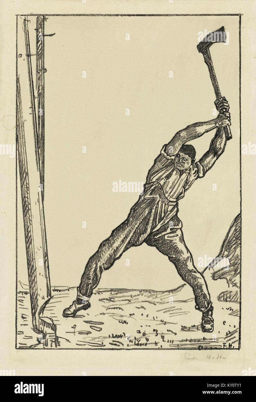 Il dipinto "Holzfäller" di Ferdinand Hodler raffigura un taglialegna al lavoro, illustrando il lavoro e il paesaggio nell'arte svizzera dell'inizio del XX secolo. Foto Stock