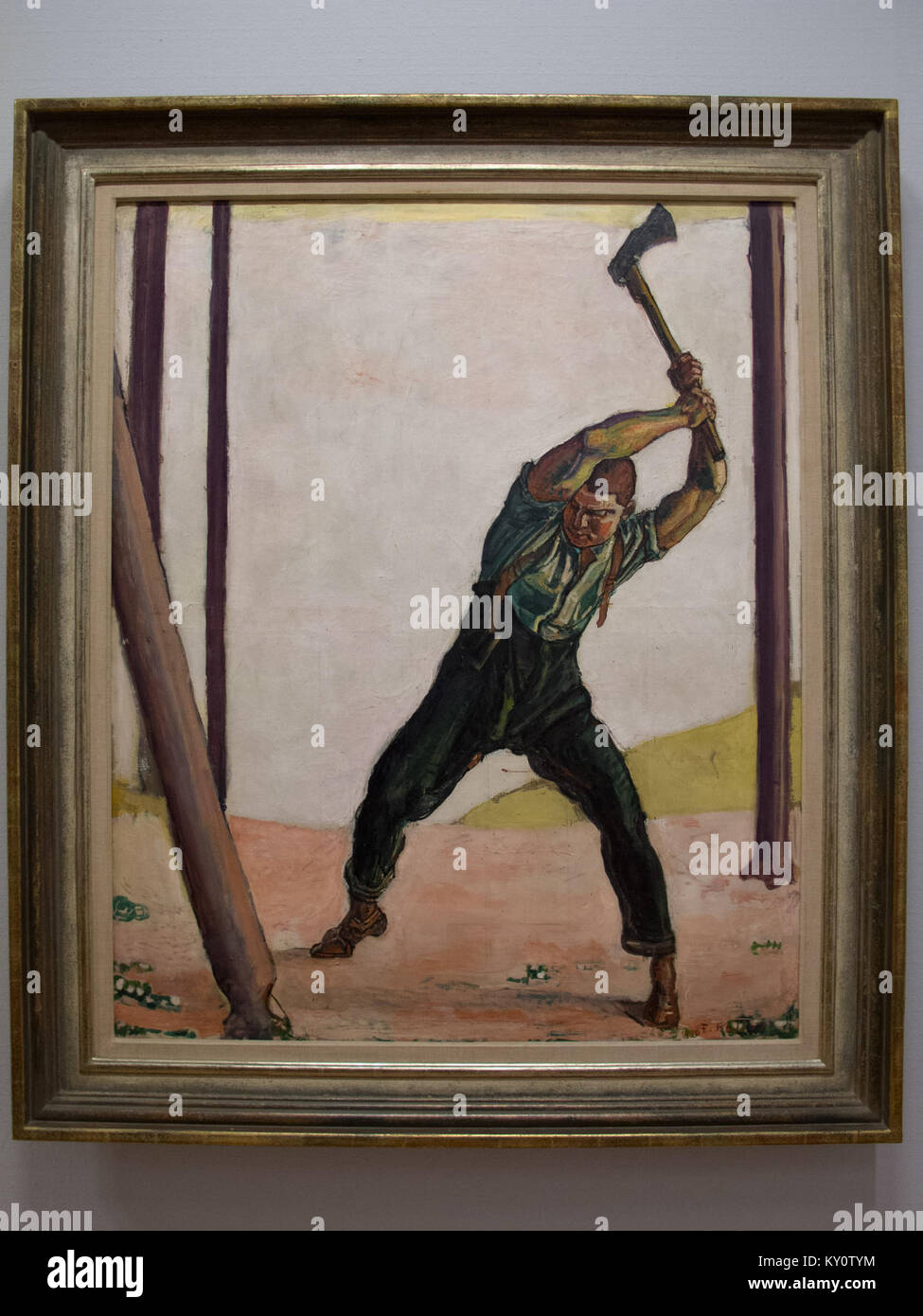 L'opera d'arte di Ferdinand Hodler "il taglialegna" raffigura un operaio che taglia il legno in un ambiente rurale, evidenziando la pittura paesaggistica svizzera dell'inizio del XX secolo e il contesto sociale. Foto Stock