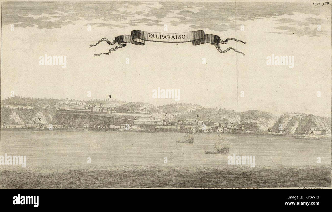 Questa è una mappa storica di Valparaiso, in Cile, creata da Louis Feuillée, che illustra la geografia della città, il porto e la regione circostante nel primo periodo moderno. Foto Stock